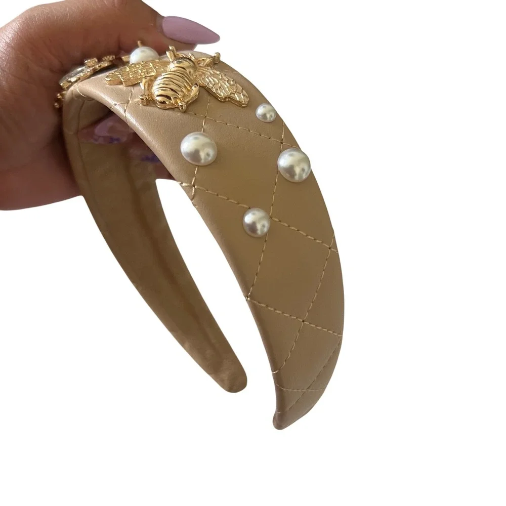 Women's Quilted Tan Faux Leather Headband with Gold Bee and Pearl Embellishments